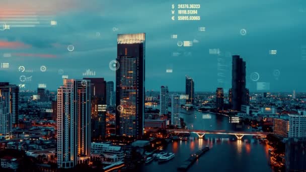 Interface analítica de dados de negócios sobrevoa cidade inteligente mostrando futuro de alteração — Vídeo de Stock