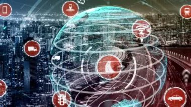 Yeni şehir yolunda gelecekteki araba trafiği için akıllı ulaşım teknolojisi kavramı