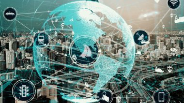 Yeni şehir yolunda gelecekteki araba trafiği için akıllı ulaşım teknolojisi kavramı