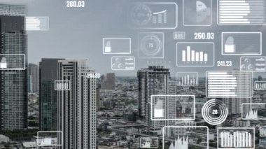 İş verisi analitik arayüzü, geleceği gösteren akıllı şehir üzerinde uçar