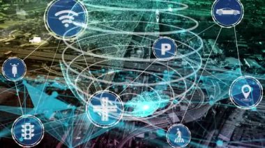 Yeni şehir yolunda gelecekteki araba trafiği için akıllı ulaşım teknolojisi kavramı