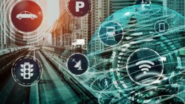 Yeni şehir yolunda gelecekteki araba trafiği için akıllı ulaşım teknolojisi kavramı