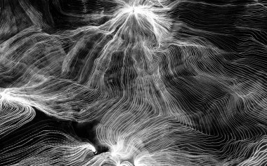 Ağ noktaları ve koyu arkaplanı birbirine bağlayan dijital dokuma çizgilerinin soyut dalgası