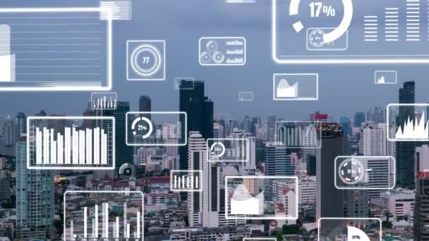 L'interfaccia analitica dei dati aziendali sorvola smart city mostrando il futuro dell'alterazione — Video Stock