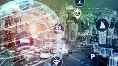 Yeni şehir yolunda gelecekteki araba trafiği için akıllı ulaşım teknolojisi kavramı