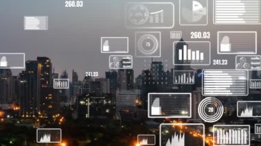 İş verisi analitik arayüzü, geleceği gösteren akıllı şehir üzerinde uçar