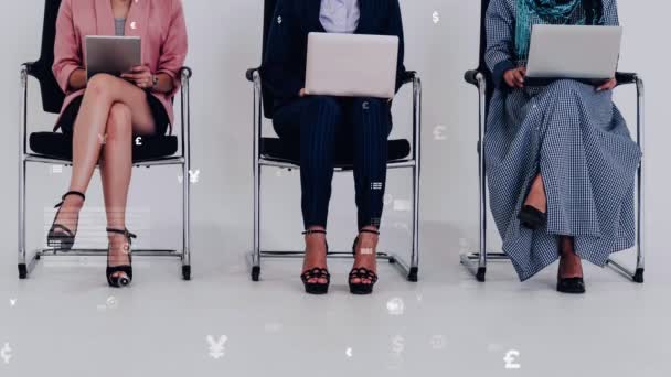 Business people job applicants waiting on chairs with conceptual graphic — Stock Video