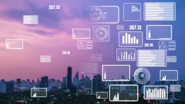 Business data analytic interface πετάξει πάνω από έξυπνη πόλη δείχνει μεταβολή μέλλον — Αρχείο Βίντεο