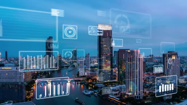 L'interfaccia analitica dei dati aziendali sorvola smart city mostrando il futuro dell'alterazione — Video Stock