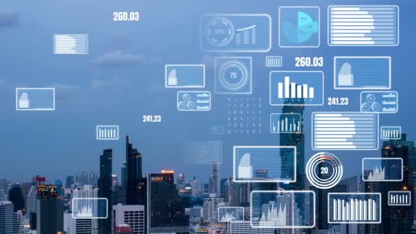 Business data analytické rozhraní létat nad chytrým městem ukazuje změny budoucnosti — Stock video