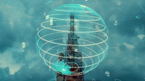 Телекомунікаційна вежа з 3D графікою глобальних змін бізнесу — стокове відео