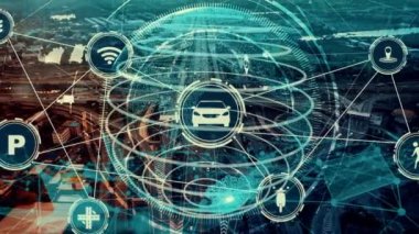 Yeni şehir yolunda gelecekteki araba trafiği için akıllı ulaşım teknolojisi kavramı