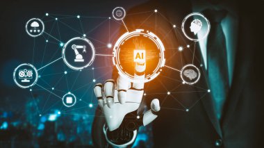 Geleceğin yapay zekası robot yapay zeka kavramını düşünüyor.