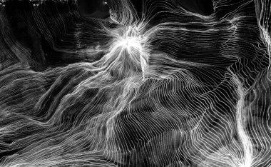 Ağ noktaları ve koyu arkaplanı birbirine bağlayan dijital dokuma çizgilerinin soyut dalgası