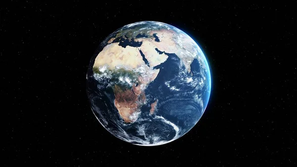 Планета Земля с реалистичной географической поверхностью и орбитальной атмосферой 3D облака — стоковое фото