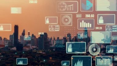 İş verisi analitik arayüzü, geleceği gösteren akıllı şehir üzerinde uçar