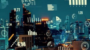 İş verisi analitik arayüzü, geleceği gösteren akıllı şehir üzerinde uçar