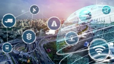 Yeni şehir yolunda gelecekteki araba trafiği için akıllı ulaşım teknolojisi kavramı