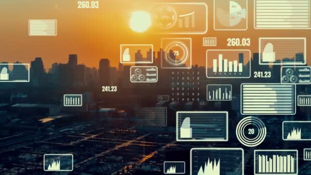 L'interfaccia analitica dei dati aziendali sorvola smart city mostrando il futuro dell'alterazione — Video Stock