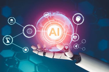 Geleceğin yapay zekası robot yapay zeka kavramını düşünüyor.