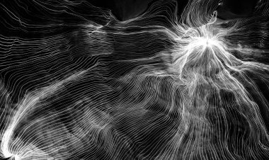 Ağ noktaları ve koyu arkaplanı birbirine bağlayan dijital dokuma çizgilerinin soyut dalgası