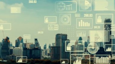 İş verisi analitik arayüzü, geleceği gösteren akıllı şehir üzerinde uçar