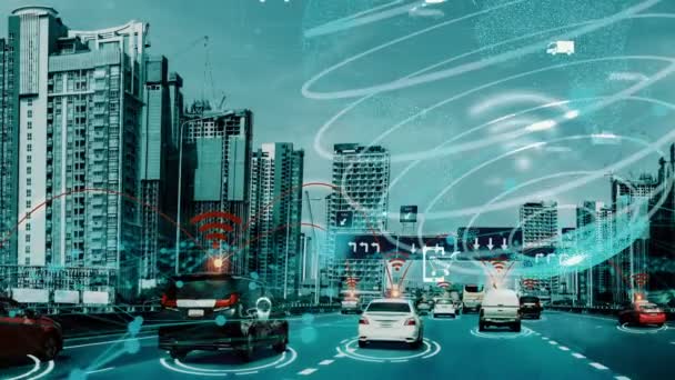 Smart transport technology concept for future car traffic on newish city road — Stock Video