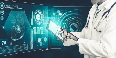 Gelecekteki hastanelerde çalışan tıbbi yapay zeka robotu.