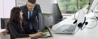 Ofiste çalışan, kulaklık takan iş adamları daha geniş görüşlü.