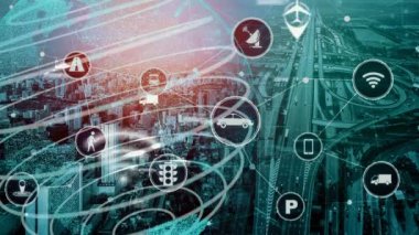 Yeni şehir yolunda gelecekteki araba trafiği için akıllı ulaşım teknolojisi kavramı