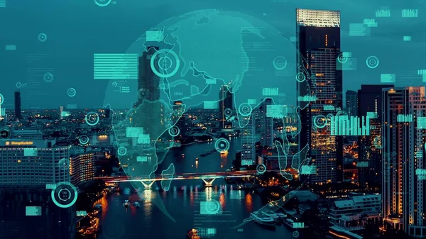 Business data analytic interface πετάξει πάνω από έξυπνη πόλη δείχνει μεταβολή μέλλον — Φωτογραφία Αρχείου