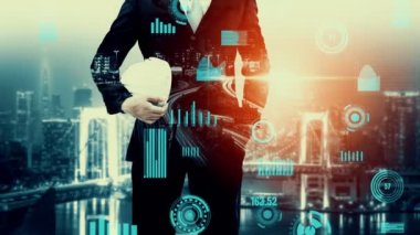 Gelecekteki bina inşaatı ve HUD hologram grafik tasarımı ile yaratıcı mühendislik projesi konsepti. İnşaat mühendisi, mimar ya da inşaat işçisi modern sivil teknoloji ile çalışıyor..