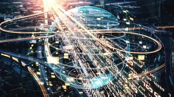 Transporte inteligente en ciudad futurista tácita con sistema de control de tráfico en línea — Vídeo de stock