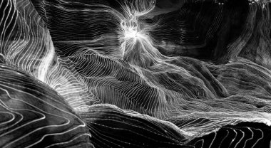 Ağ noktaları ve koyu arkaplanı birbirine bağlayan dijital dokuma çizgilerinin soyut dalgası