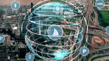 Yeni şehir yolunda gelecekteki araba trafiği için akıllı ulaşım teknolojisi kavramı