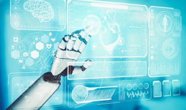 Gelecekteki hastanelerde çalışan tıbbi yapay zeka robotu.