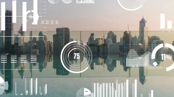 Geschäftsdaten analytische Schnittstelle fliegen über Smart City zeigt Veränderung Zukunft — Stockfoto