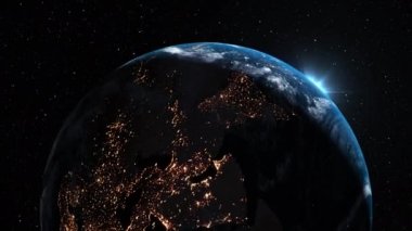 Gerçekçi coğrafya yüzeyi ve bulutları olan Dünya Gezegeni 3D yörünge animasyonu