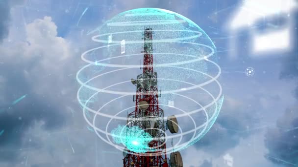 Телекомунікаційна вежа з 3D графікою глобальних змін бізнесу — стокове відео