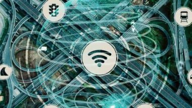 Yeni şehir yolunda gelecekteki araba trafiği için akıllı ulaşım teknolojisi kavramı