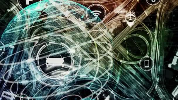 新都市道路上の将来の車のトラフィックのためのスマート輸送技術の概念 — ストック動画