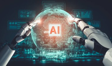 Yapay zeka ve makine öğrenimi AI droid robotu veya cyborg