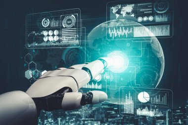 Geleceğin yapay zekası robot yapay zeka kavramını düşünüyor.