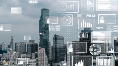 İş verisi analitik arayüzü, geleceği gösteren akıllı şehir üzerinde uçar