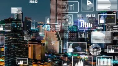 İş verisi analitik arayüzü, geleceği gösteren akıllı şehir üzerinde uçar