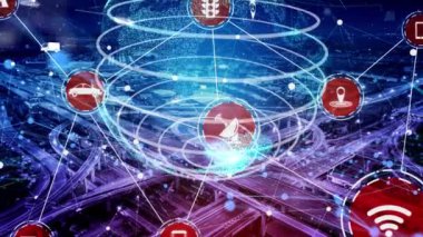 Yeni şehir yolunda gelecekteki araba trafiği için akıllı ulaşım teknolojisi kavramı