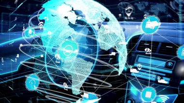 Yeni şehir yolunda gelecekteki araba trafiği için akıllı ulaşım teknolojisi kavramı