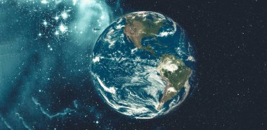 Uzay yolculuğundan Dünya gezegeni görüntüsü ve uzaydan gerçekçi dünya yüzeyi