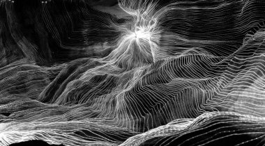 Ağ noktaları ve koyu arkaplanı birbirine bağlayan dijital dokuma çizgilerinin soyut dalgası