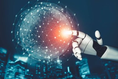 Geleceğin yapay zekası robot yapay zeka kavramını düşünüyor.